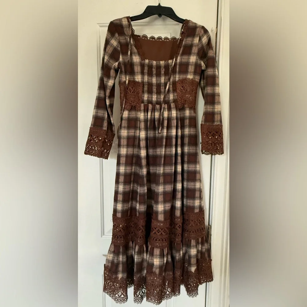 Joyfolie Brown and Cream Plaid Crochet-Trim Girls Dress